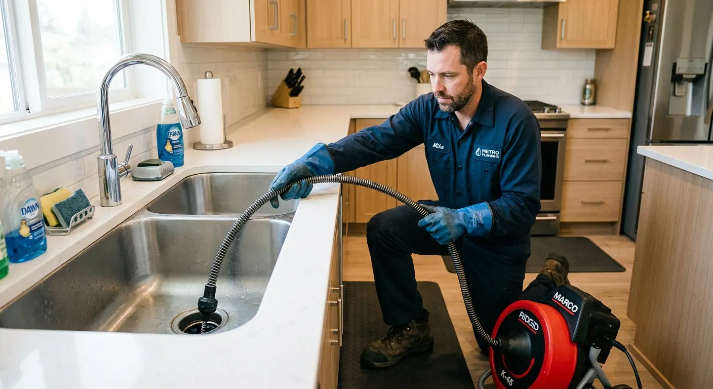 Drain cleaning technician using a motorized snake on a kitchen sink in Kewanee