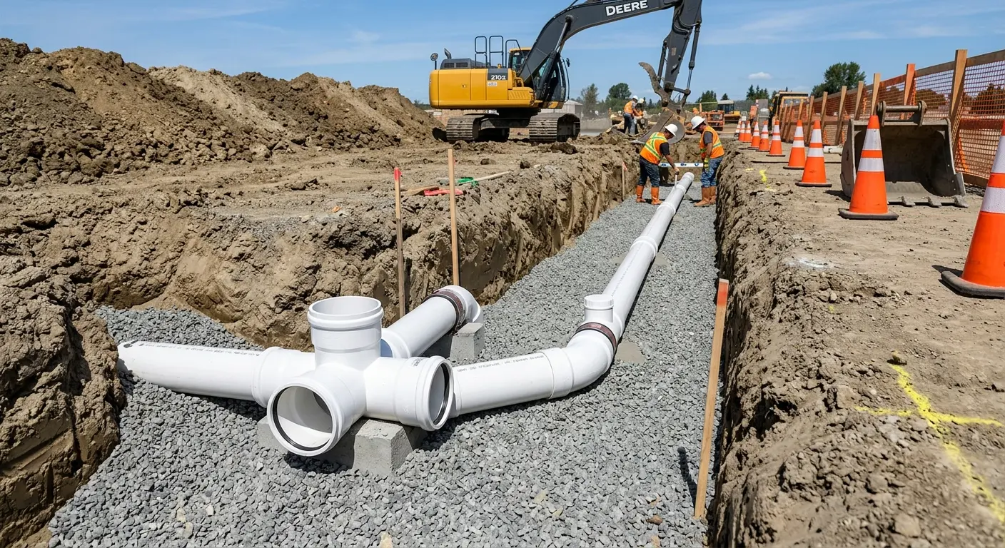 New PVC sewer pipe installation in open trench for Sewer Camera Inspection in Kewanee