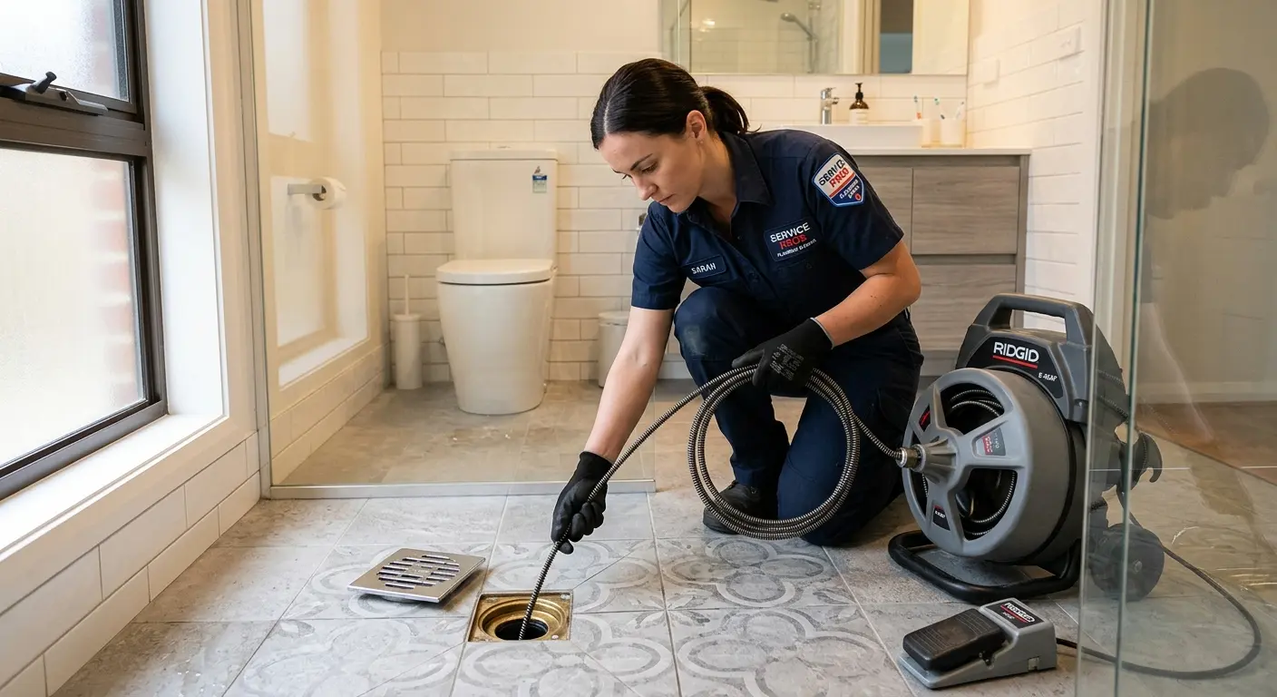 Technician clearing a bathroom floor drain for Sewer Line Installation in Kewanee